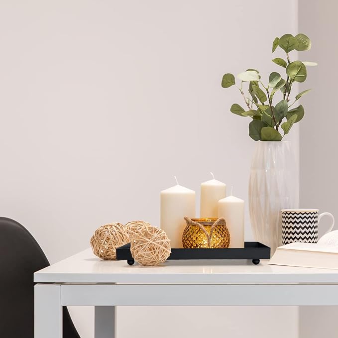15.7"x5.9" Matte Black Rectangular Metal Tray, Candle & Jewelry Organizer | Rust-Resistant Iron, Powder Coating, Smooth Polished Edges, Elevated Ball Feet, Industrial Modern, Coffee Table & Vanity