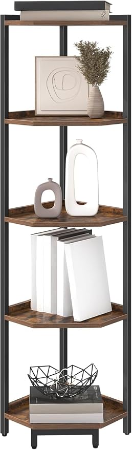 Hzuaneri Corner Shelf Stand 5-Tier Corner Bookshelf Storage Standing Shelf | Bookcase Plant Stand with Metal Frame for Living Room, Home Office, Bedroom, Black CS05901B
