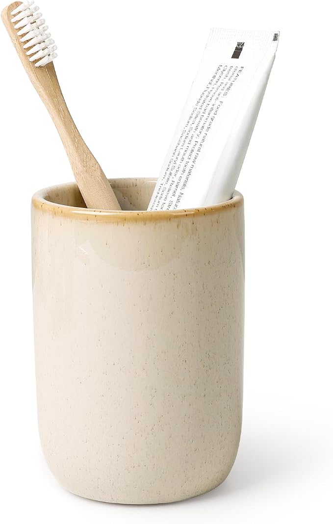 BosilunLife Ceramic Toothbrush Holder (Greige, Cylinder)