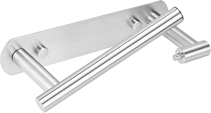 YUET Toilet Roll Holder, Self Adhesive or Screw In Wall Mounted Options, Double Post Pivoting Tissue Roll Holder, Stainless Steel Rustproof Stick On No Drilling Wall Mount for Bathroom, Brushed Nickel