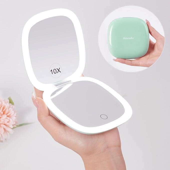 Mocado Compact Mirror with Light-4 Inches Compact 1x/10x Magnifying Mirror | Double Sides Lighted, 3 Colors Lighting, 0-100% Brightness, Diammable Touch, 1200mAh Rechargeable, For Pocket, Purse