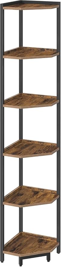 Hzuaneri Corner Shelf Stand 6-Tier Corner Bookshelf Storage Standing Shelf | Bookcase Plant Stand with Metal Frame for Living Room, Home Office, Bedroom, Rustic Brown CS06001B