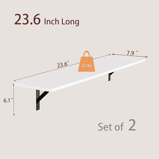 Wall Shelves, 23.6" Long Floating Shelves with Metal Brackets | Wall Mounted Book Shelf, Set of 2, Easy Assembly, Max Load 22lbs, Wooden Storage Ledges, Bedroom/Bathroom/Living Room, White
