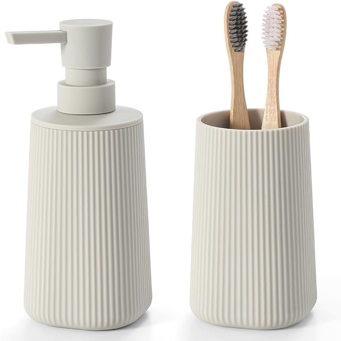 YAUKPH Bathroom Soap Dispenser and Toothbrush Holder Striped Beige | Bathroom Accessories Set 2 Piece for Bathroom Countertop Storage and Decor