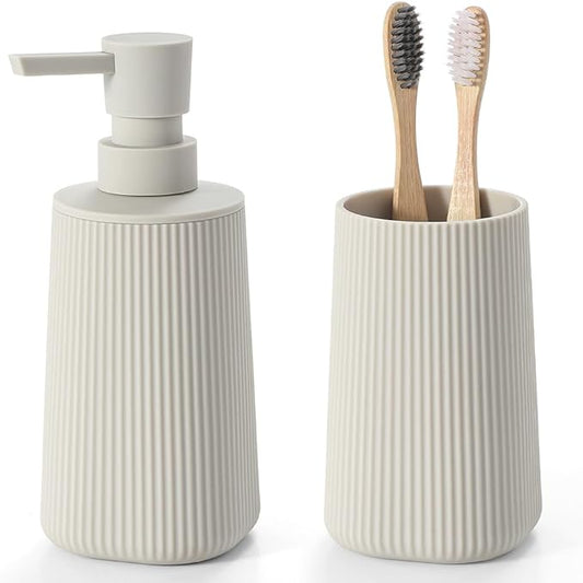 YAUKPH Bathroom Soap Dispenser and Toothbrush Holder Striped Beige | Bathroom Accessories Set 2 Piece for Bathroom Countertop Storage and Decor
