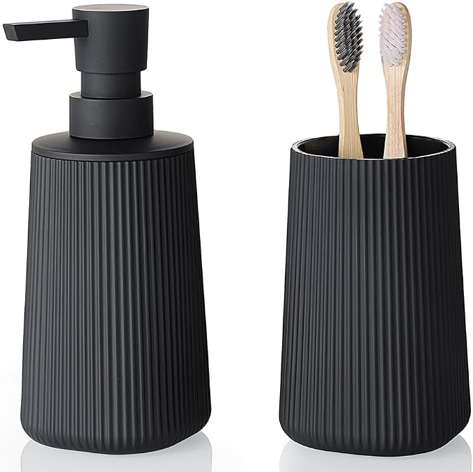 YAUKPH Bathroom Soap Dispenser and Toothbrush Holder Striped Black | Bathroom Accessories Set 2 Piece for Bathroom Countertop Storage and Decor