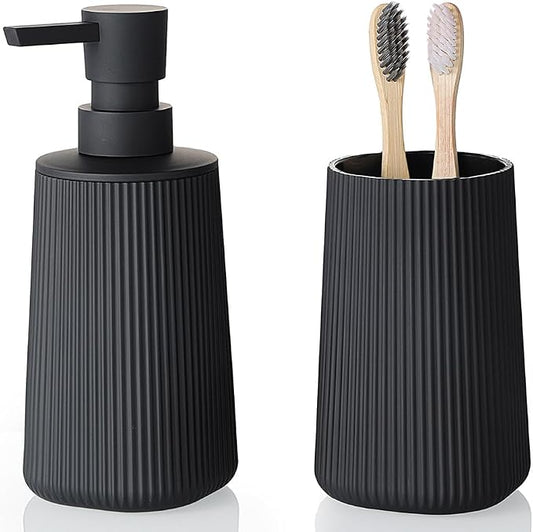 YAUKPH Bathroom Soap Dispenser and Toothbrush Holder Striped Black | Bathroom Accessories Set 2 Piece for Bathroom Countertop Storage and Decor
