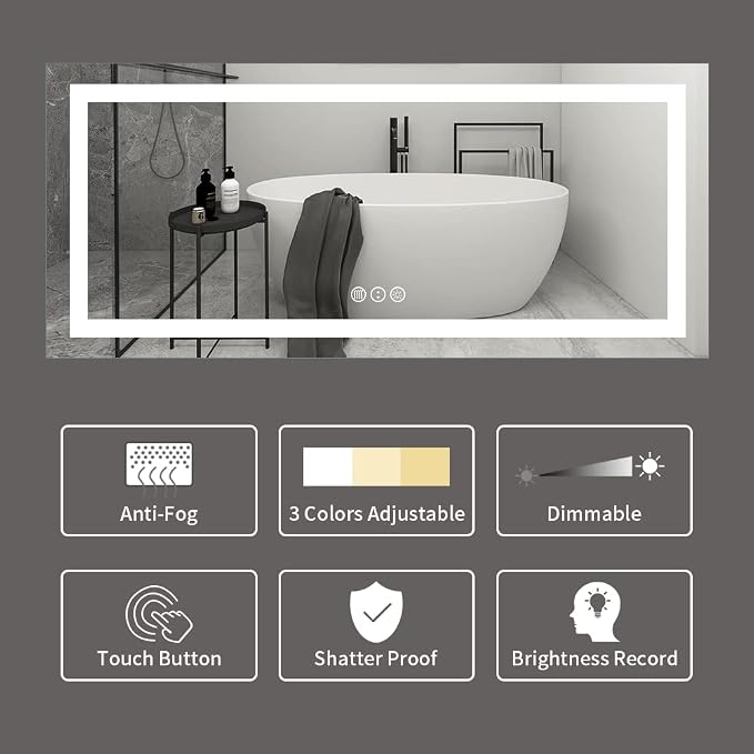 LED Bathroom Mirror, 72"X32" with Front Light and Backlit | Stepless Dimmable, Anti-Fog, Shatter-Proof, HD Reflection, Memory, 3 Colors Lighting, UL Listed (Horizontal/Vertical).