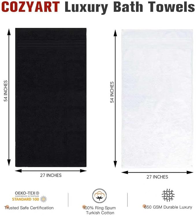 COZYART Luxury Bath Towels 4 PCS, 27x54 650 GSM Turkish Cotton, Black+White | Zero Twist 100% Ring Spun Cotton, Fluffy, Ultra Soft, Super Absorbent, Quick Dry, Large Towels for Hotel Spa Bathroom Shower