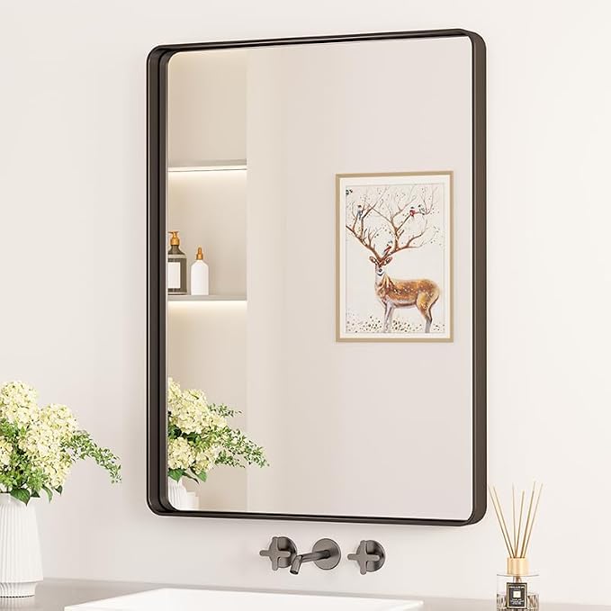 Keonjinn 24 x 32 Inch Black Bathroom Mirrors for Over Sink, Tempered Glass | Sandblasted Finish, Matte Black Vanity Mirror, Anti-Rust, Seamless Aluminum Frame, Rounded Rectangle, French Cleat Mount