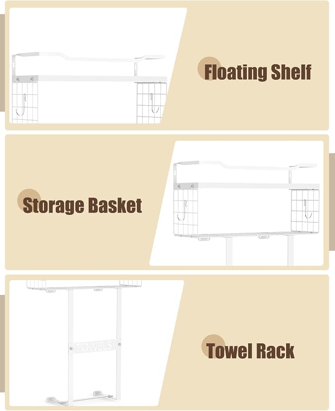 Towel Racks for Bathroom Wall Mounted - Bath Wall Towel Holder Set Above Toilet Storage, Rolled Towel Shelf Organizer for Small Bathroom All White, Wood Vertical Towel Rack for Bathroom Wall Decor | Towel Storage with Wood Shelf & Metal Basket,Fit for ...