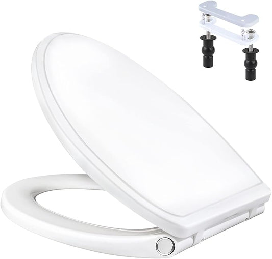 Universal Toilet Seat Elongated Soft-Close Cover, Oval Toilet Seat, White | One-Click Quick Release, Elongated Toilet Seat Replacement with Toilet Bolts/Bumpers, Compatible with TOTO, Gerber, Kohler