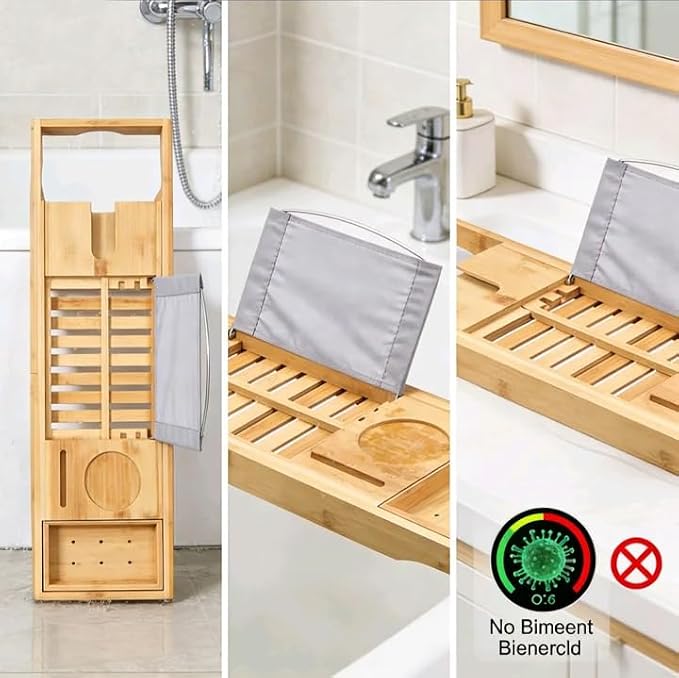 70-105CM Extendable Bamboo Bathtub Tray Caddy with Cup Holder for Spa | Non-Slip Pads, Book Stand, Wine Glass Holder, Fits Most Bath Tubs
