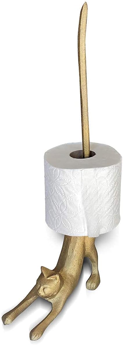 Gold Paper Towel Holder, Metal Toilet or Kitchen Paper Holder for Floor or Countertop, Gold Cat | 18.6 inch tall gold cast iron hand towel holder for kitchen countertop or bathroom with weighted base, no assembly
