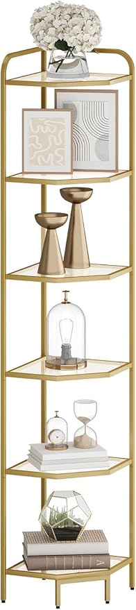 Hzuaneri Corner Shelf Stand, 6-Tier Glass Bookshelf Bookcase, Plant Stand | Bathroom Organizer Steel Frame, Tempered Glass, Modern Style for Living Room, Bathroom, Kitchen, Gold CS90600G