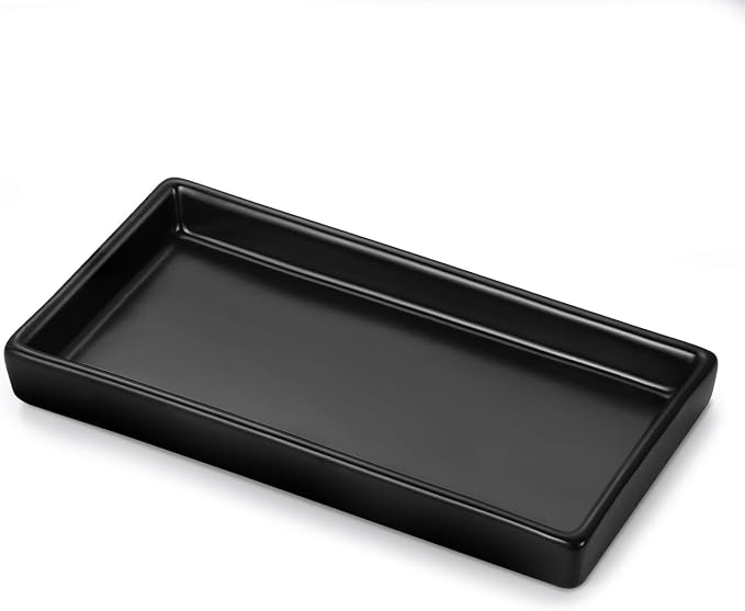 Luxspire Bathroom Vanity Tray Ceramic Perfume and Jewelry Dish, Mini, Black | 6.7 x 3.5 inch Smooth matte ceramic, easy clean, anti-slip bottom, organize soap dispenser jewelry candles