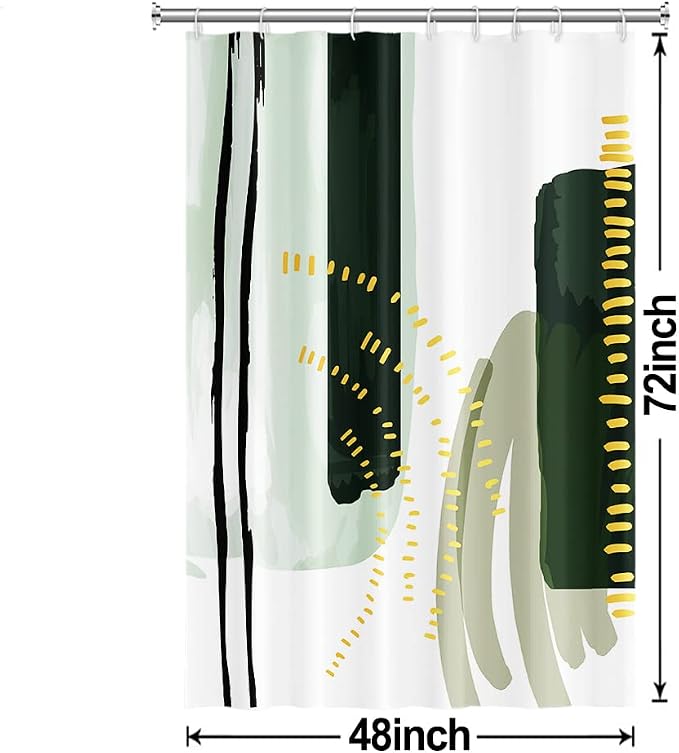 Mid Century Green Stall Shower Curtain with Hooks 48x72 Inch | Waterproof Small Abstract Minimalist Emerald-green Bathroom Curtain for Shower Stall, Machine Washable