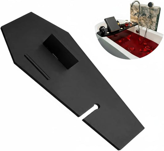 Barydat Halloween Decorations Coffin Bath Tray Gothic Coffin Serving Tray with Tablet Stand Spooky Goth Bathtub Caddy Black Wood Bath Board for Halloween Home Decor Bathroom Accessories