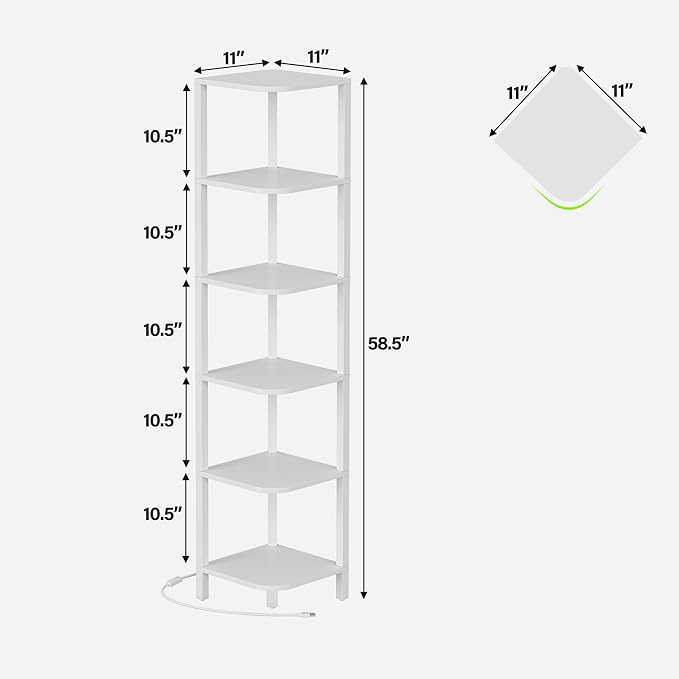 TUTOTAK Corner Shelf with LED Light, 6-Tier Corner Bookshelf | for Small Space, Narrow Display Corner Shelf Stand with Storage Rack, for Living Room, Bedroom, White BS08BW006L