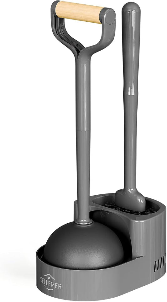 Toilet Brush and Plunger Set, Curved Head for Deep Cleaning, Grey | Brush and Plunger set, Curved Nylon Bristles for Deep Clean, Strong Suction Plunger, Ventilated Holder for Quickly Air Dry
