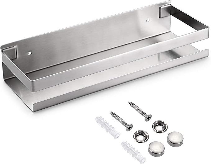 OwnMy 12 Inch Bathroom Shower Shelf Stainless Steel Wall Shower Caddy Rack | Wall Mount Shower Wall Caddy, Metal Floating Shower Shelves, Kitchen Wall Shelf, Bathroom Corner Rectangular Shelf, Silver