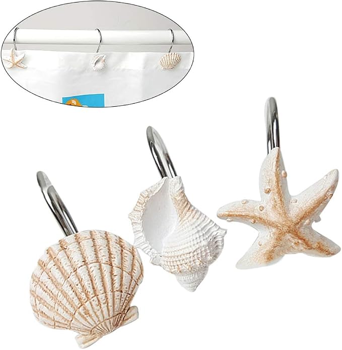 Seashell Shower Curtain Hooks for Bathroom Decorative, 12pcs Anti Rust Decorative Resin Shower Curtain Rings Rods Hooks