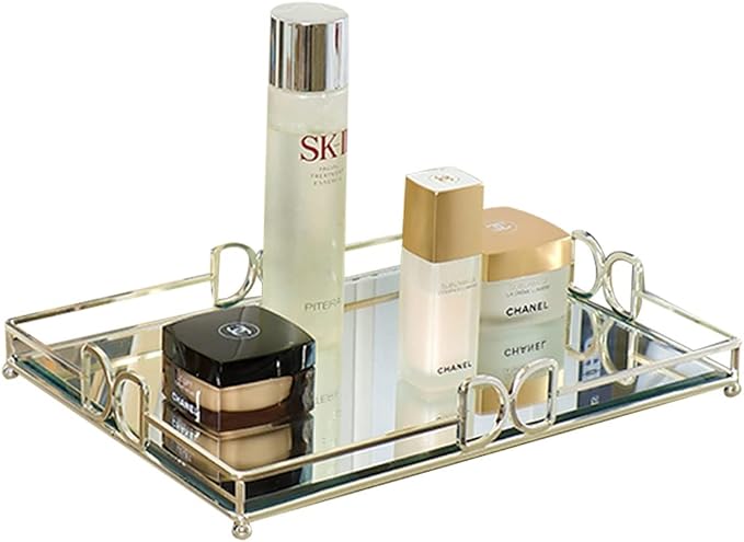Large Silver Mirrored Tray with Elevated Ball Feet, 14x10 Entire Length Perfume Organizer for Dresser, Modern Minimalist Bathroom Counter Vanity Storage