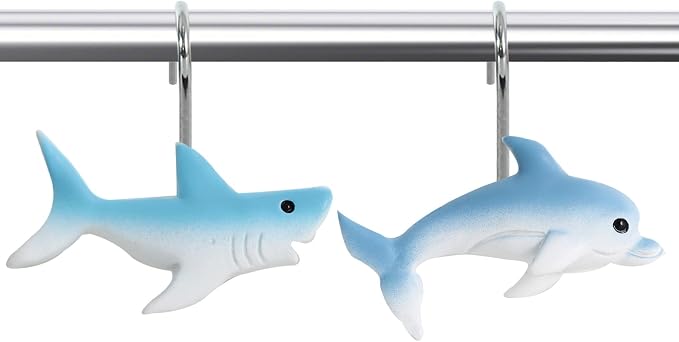 12-Piece Shark Shower Curtain Hooks for Bathroom | Dolphin Decorative Shower Curtain Hooks, Stainless Steel Shower Hangers Rings