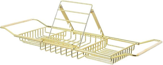 TsoLay Bathtub Caddy Tray, Stainless Steel Extendable Bath Tub Tray Table in Brushed Gold Finish with Removable Book Holder Rack Holder, Expandable Bath Tub Shelf for Reading, for Home Bathroom