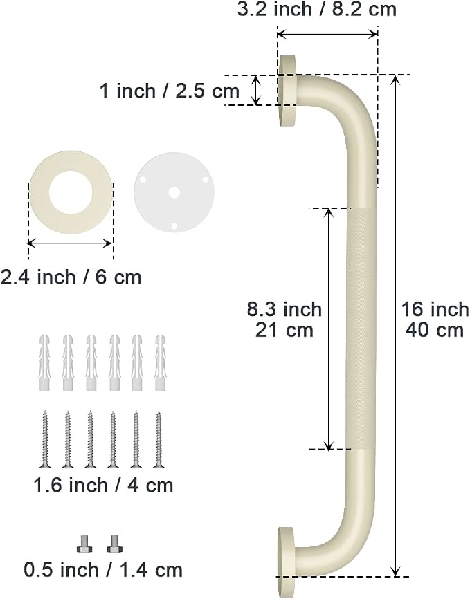 ZUEXT 2 Pack 16 Inch Beige White Anti Slip Shower Grab Bar w/Knurled Grip | Bathroom Balance Support Rail, Assist Handle for Handicap, Elderly, Seniors, Wall Mount Bath Safety Handrail, Stainless Steel