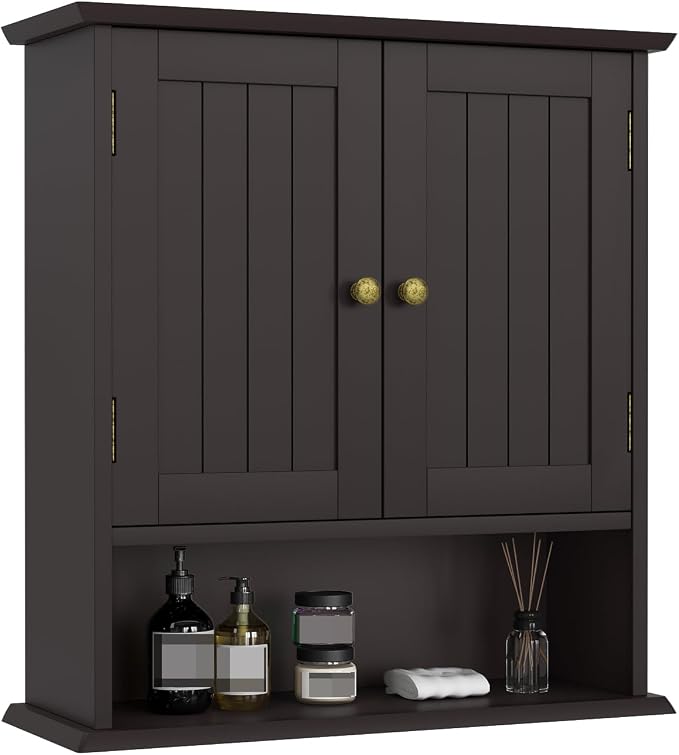 Bathroom Wall Cabinet, Over the Toilet Storage Cabinet with 2 Doors and Adjustable Shelf, Wooden Medicine Cabinet Wall Mounted, Room Space Saver for Bathroom Kitchen