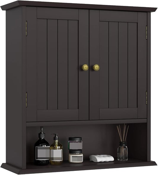 Bathroom Wall Cabinet, Over the Toilet Storage Cabinet with 2 Doors and Adjustable Shelf, Wooden Medicine Cabinet Wall Mounted, Room Space Saver for Bathroom Kitchen
