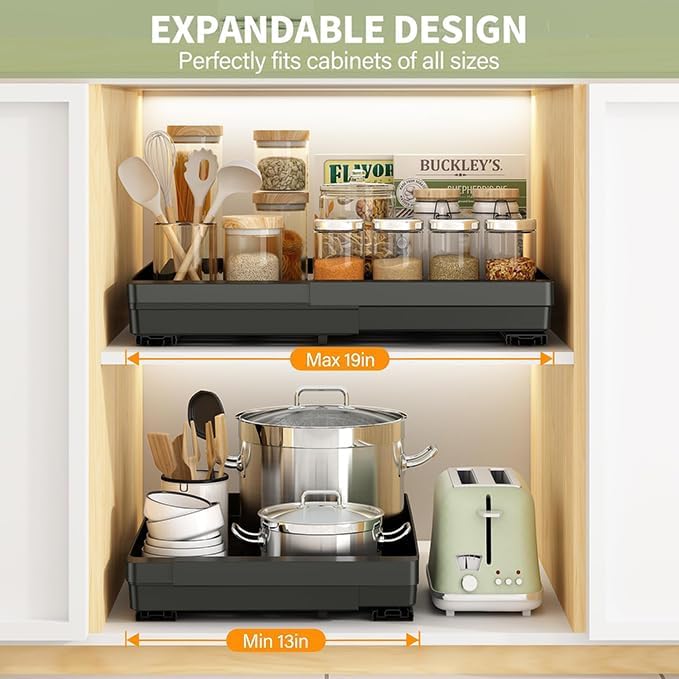 DOMNIU Pull Out Cabinet Organizers Expandable,Black,20.8" Depth,2 Pack | Slide Out Drawers for Kitchen, Bathroom, Pantry, Under Sink Storage, Fixed with Adhesive Nano Film (13''-19'')