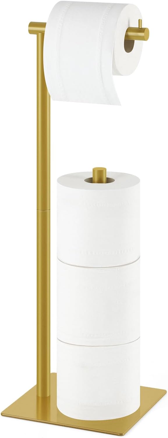 Toilet Paper Holder Stand Beige Gold Free Standing TP Holder, Metal Toilet Paper Roll Holder with Reserve Bathroom Tissue Storage Holder, Beige Gold