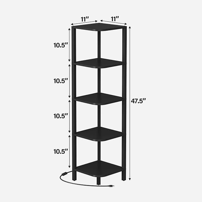 TUTOTAK Corner Shelf with LED Light, 5-Tier Corner Bookshelf | for Small Space, Narrow Display Corner Shelf Stand with Storage Rack, for Living Room, Bedroom, Black BS08BK005L