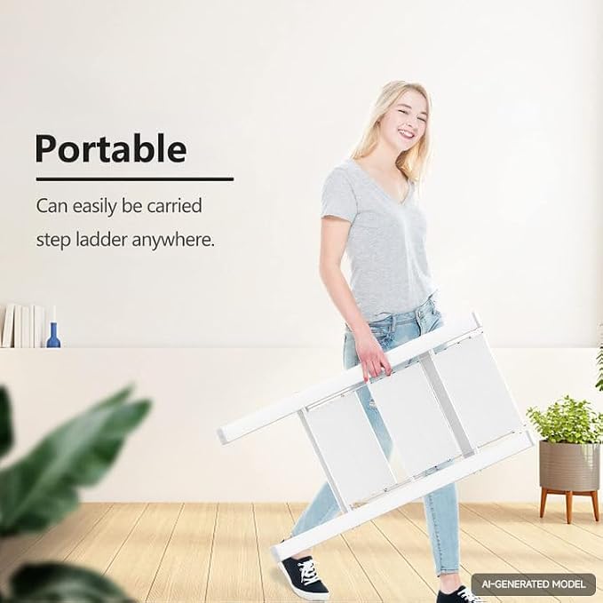 3 Step Ladder, Folding Step Stool, Lightweight Stepladder, White | Anti-Slip 7.9'' Wide Pedal;Space-Saving;For Kitchen, Home, Library, Office Use;300lbs Capacity