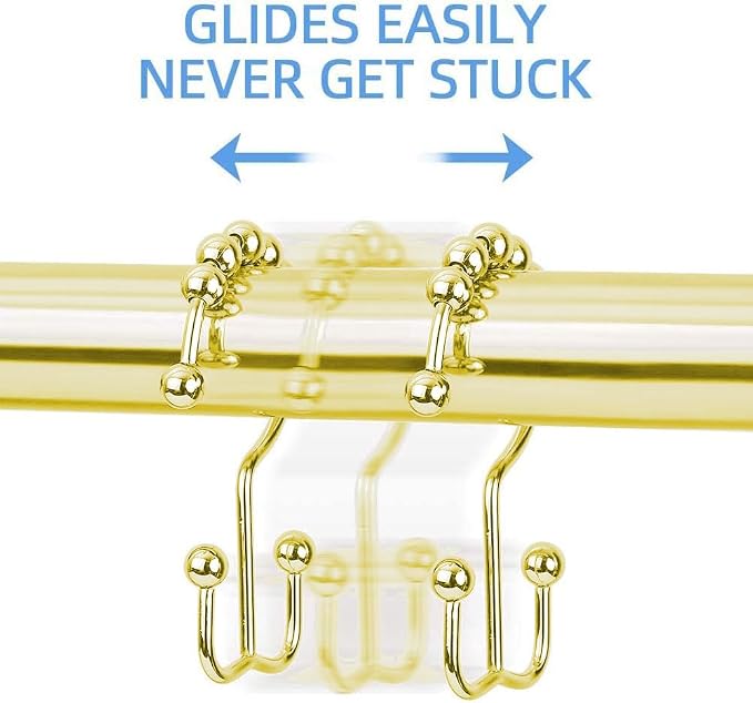 DAWNER Shower Curtain Hooks Rings, Rust Proof Hooks, Metal Easy Glide Double Shower Rings Hooks, Stainless Steel Shower Curtain Hangers for Bathroom Shower Curtains, Set of 12 Hooks, Gold Color