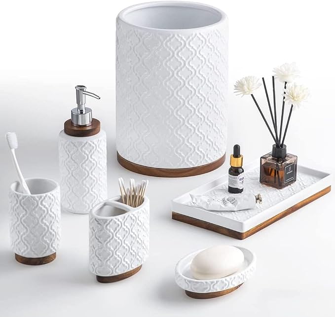 RQYIXI Ceramic 6-Piece Bathroom Accessories Set,Cream White,with Tray | ceramic and wood embossed design with Trash Can modern countertop organization