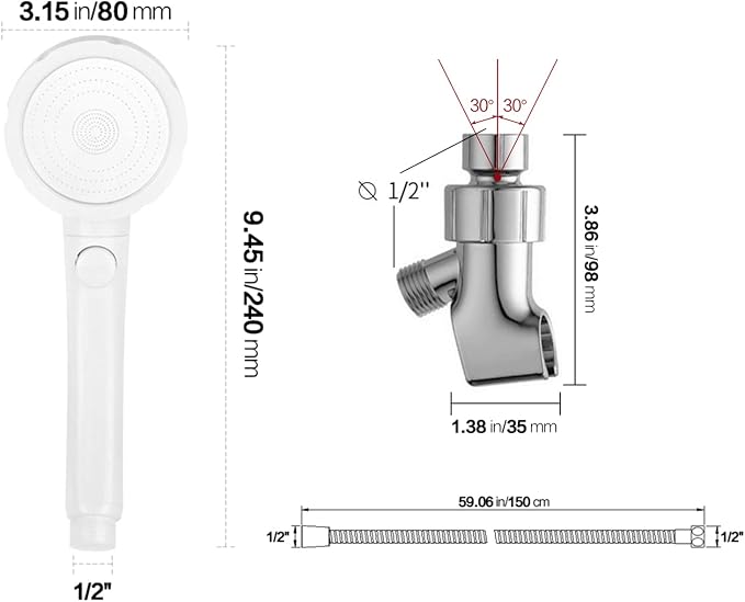 High Pressure Handheld Shower Head with ON/OFF Pause Switch, 3 Spray Modes Shower Wand with Shut Off Button, Removable Camper Shower Head with Hose and Adjustable Angle Bracket (White) | 3 Spray Modes Shower Wand with Shut Off Button, Camper & RV Showe...