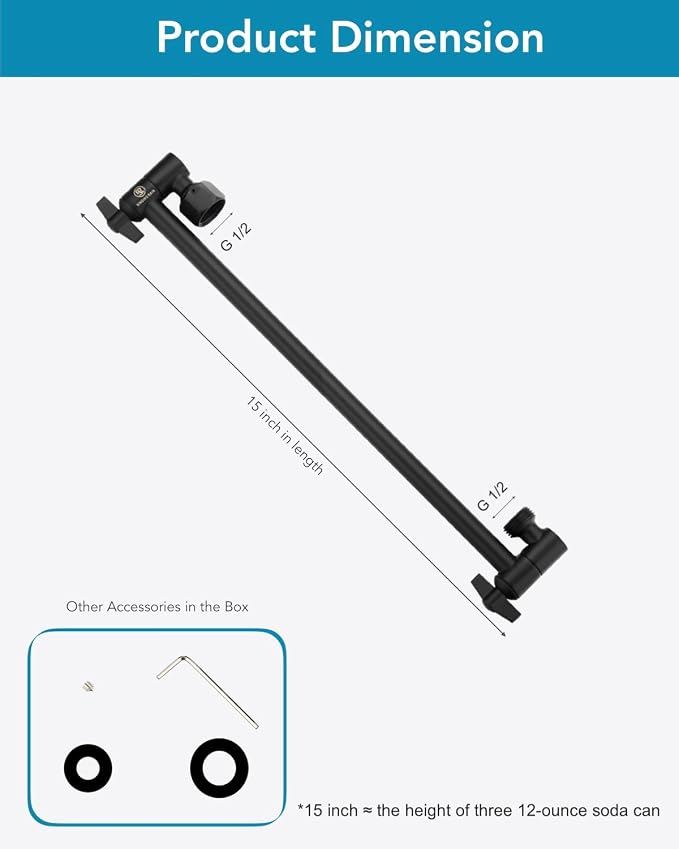 15 Inch Extra Long Adjustable Shower Head Extension Arm With Locking Set Screw, Singing Rain 304 Stainless Steel Angle Height Adjustable, Easy Install, G1/2 Universal Connector Compatible (Matt Black)