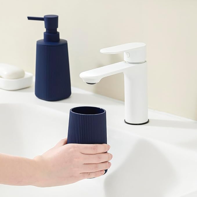 YAUKPH Bathroom Soap Dispenser and Toothbrush Holder Striped Blue | Bathroom Accessories Set 2 Piece for Bathroom Countertop Storage and Decor