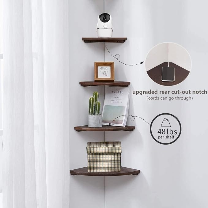 Corner Shelf, Solid Oak Wood Floating Corner Shelf Wall Mount Round End Floating Speaker with Wire Hole for Small Plant Photo for Bedroom Kitchen, Living Room Walnut