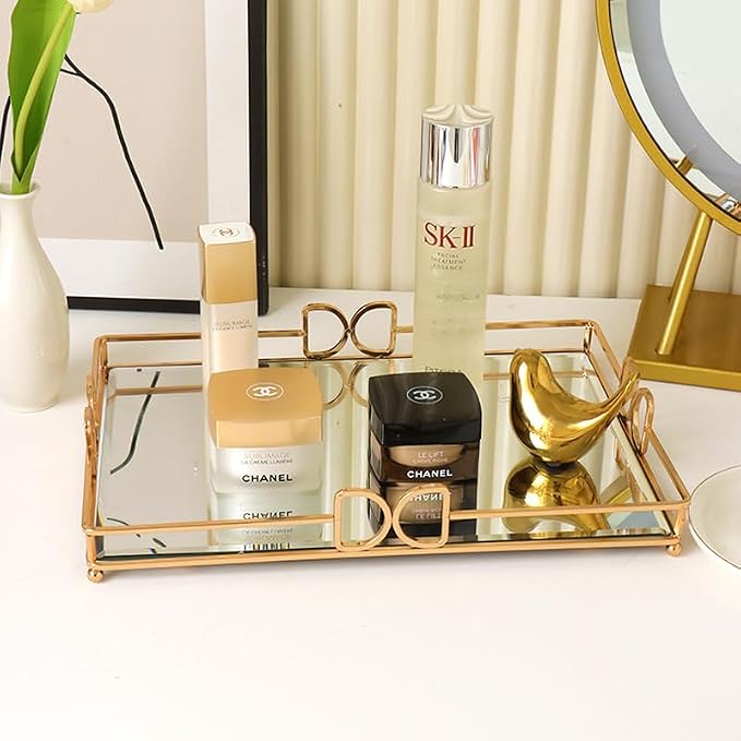 Gold Mirror Vanity Tray for Perfume, 11.7x7.9 Non-Slip Glass Dresser Tray, Elegant Decorative Organizer for Bathroom Countertops, Skincare & Makeup Display, Rust-Proof