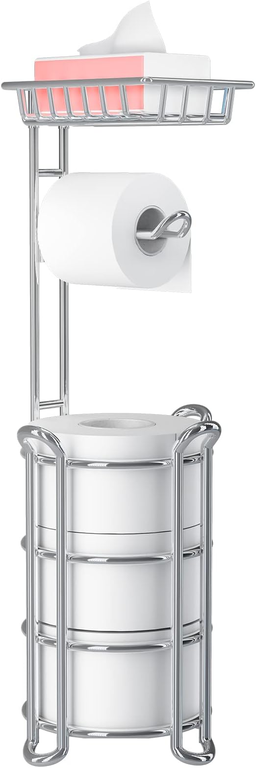 Toilet Paper Holder Stand with Shelf for Phone, Bathroom Free Standing Tissue Roll Storage Rack with Dispenser for 4 Mega Rolls, Chrome