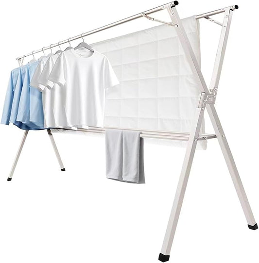 95 inches Foldable Clothes Drying Rack, Stainless Steel Indoor Outdoor Use | Heavy Duty Laundry Drying Rack, Adjustable Length Clothes Rack with 3 Reinforcement Bars and 20 Windproof Hooks