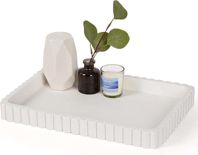 Rectangular Tray for Coffee Table Decor, 14" Coffee Table Tray, White | Decorative Tray, Solid Concrete, Aesthetic Home Decor, Table Decor Trays for Living Room, Entryway, Nightstand, Dresser