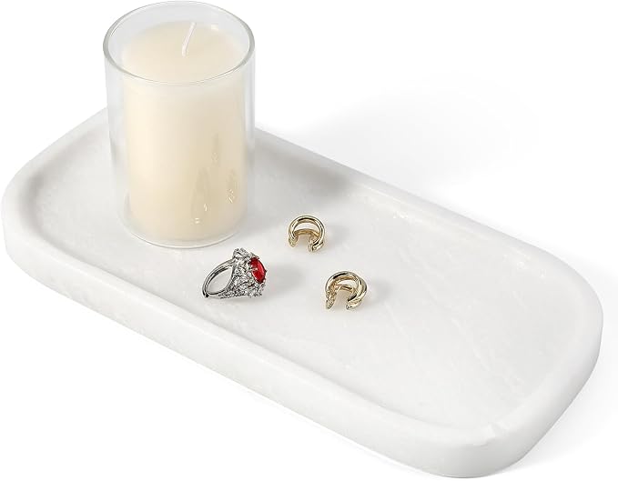 Marble Tray, 10"x5" Marble Vanity Tray for Bathroom Countertop Kitchen Sink, Rectangular Stone Tray for Perfume Fragrance, Decorative Catchall Tray Jewelry Cosmetics Organizer(White)