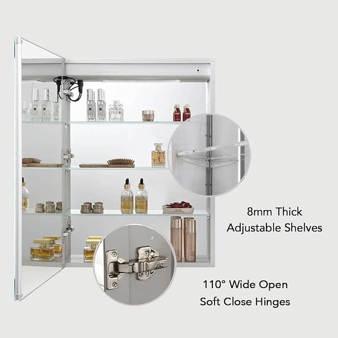 Blossom LED Lighted Bathroom Medicine Cabinet Mirror, Defogger, 25x26 | Bathroom Storage Cabinet, Medicine Cabinets Organizer, Vanity Mirror with Storage, Recessed/Surface Mount, Adjustable Shelves