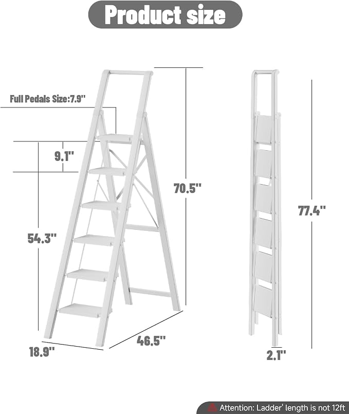 6 Step Ladder, Folding Step Stool, Lightweight Stepladder, White | Reach 12ft;Anti-Slip 7.9'' Wide Pedal;Portable Handrail;Space-Saving;For Kitchen, Home, Library, Office Use;300lbs Capacity