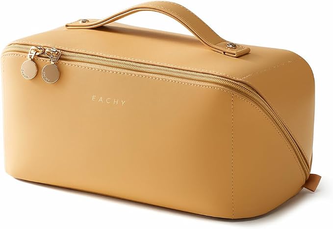 EACHY Travel Makeup Bag for Women, Flat Open Cosmetic Bag, Yellow, Large | PU leather organizer with flat-open access, storage pockets and clear TPU brush compartment for daily makeup and toiletries